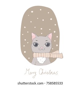 Merry Christmas. Postcard with a cat in a scarf. Vertical winter holidays greeting cards