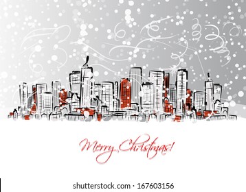 Merry christmas postcard with cityscape background