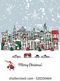 Merry christmas postcard with cityscape background. Vector illustration