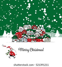 Merry christmas postcard with cityscape background. Vector illustration