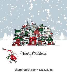 Merry christmas postcard with cityscape background. Vector illustration