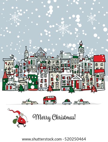 Merry christmas postcard with cityscape background Vector illustration