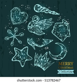  Merry Christmas postcard with collection of ice figures . Vector illustration. Isolated objects