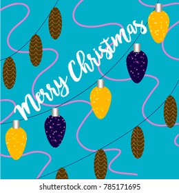 Merry Christmas postcard with cones and light bulbs-Vector Illustration