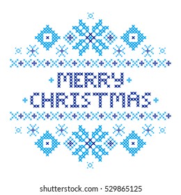 Merry Christmas Postcard . Cross-stitch. Traditional embroidery ornament. Blue snowflakes. Happy New year 2017. Vector illustration.