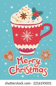Merry Christmas postcard with cup of hot chocolate and cookies. Vector flat illustration