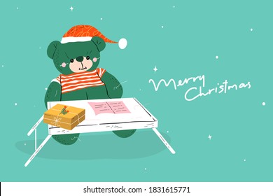 Merry Christmas postcard. Cute bear wearing a Santa Claus hat, sitting behind the table with a gift box on that. Great for printing, poster, sticker, greeting card... Flat illustration in doodle style