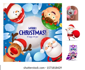 Merry Christmas postcard with cute cartoon characters. Lettering with decorations can be used for invitation and greeting card. Holiday concept