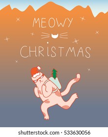 Merry christmas postcard. A cute cat running with a tree in his backpack wearing a christmas heat.