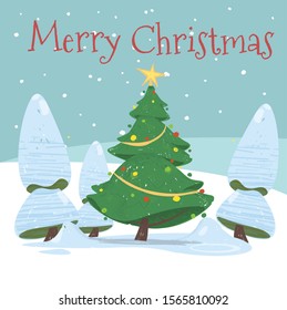 Merry Christmas Postcard, Cute Decorated Fir Tree with Balls, Garlands and Star on Top Stand among Spruces Covered with Snow on Winter Time Landscape Backdrop Cartoon Flat Vector Illustration, Banner