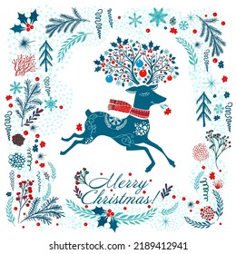Merry Christmas postcard. Cute deer. Vector illustration. Greeting card for kids. Hand drawn illustration on white background.