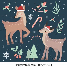 Merry christmas postcard. Cute fawn in the winter forest set of objects. Collection of design elements with a little deer in a hat of Santa Claus, snowflakes and a Christmas tree. Vector illustration