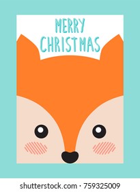 Merry Christmas postcard with cute fox or squirrel head vector cover design with animal. Decorative greeting card with cute mammal in cartoon style