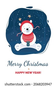 Merry Christmas Postcard. Cute little bear in a hat and scarf holding a cup of hot cocoa. Cartoon. Vector illustration.