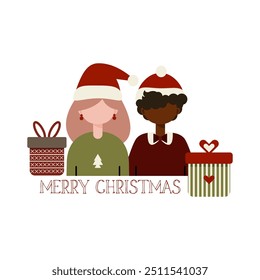 Merry Christmas postcard decorated with gifts. Man and woman characters wearing Santa hat. Christmas greeting card vector illustration