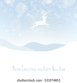 Merry Christmas postcard. Christmas deer. Calm winter scene.  Snowfall