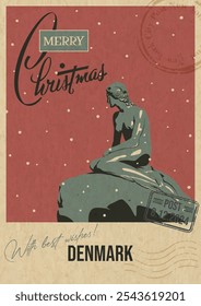 Merry Christmas Postcard, Denmark Little Mermaid Copenhagen Attraction Landmark. Retro Greeting Card Style Illustration. Vintage Colors, Aged Paper Texture