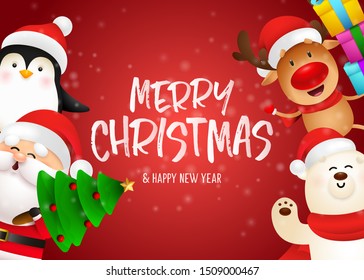 Merry Christmas postcard design. Funny penguin, reindeer, bear and Santa with gifts and tree on red background. Vector illustration for New Year poster, greeting card, party invitation templates