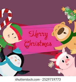 Merry Christmas postcard design. Lettering with cartoon characters on abstract background. Can be used for postcards, invitations, greeting cards