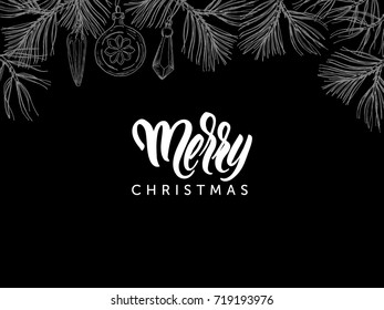 Merry Christmas postcard design with modern calligraphy and hand drawn pine branches