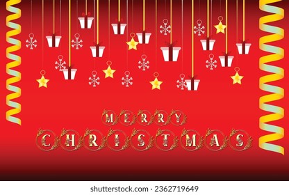 Merry Christmas postcard design with ribbons, star, silver snowflake, gift box likes decorative elements, Ideal for Christmas promotions, invitations, and decorations, vector art illustration