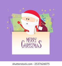 Merry Christmas postcard design. Santa Claus carrying sack with presents over lettering on abstract background. Template can be used for greeting cards, leaflets, posters and brochure
