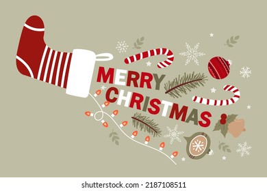 Merry Christmas. Postcard with different elements. Cute hand drawn illustration.