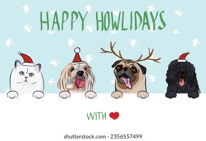 Merry Christmas postcard with dogs peeking out from the wall. Dog head with paws. Creative Happy Howlidays Dog Christmas Card for puppy lovers. Mixed-Breed dog in Santa hat. Winter, Holiday character.