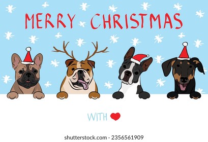 Merry Christmas postcard with dogs peeking out from the wall. Dog head with paws. Creative Happy Dog Christmas Card for puppy lovers. Mixed-Breed dog in Santa hat. Winter, Holiday character. Bulldog.