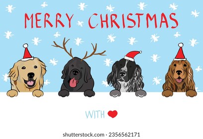 Merry Christmas postcard with dogs peeking out from the wall. Dog head with paws. Creative Happy Dog Christmas Card for puppy lovers. Mixed-Breed dog in Santa hat. Spaniel, Retriever, lab character.