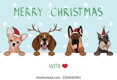 Merry Christmas postcard with dogs peeking out from the wall. Dog head with paws. Creative Happy Dog Christmas Card for puppy lovers. Mixed-Breed dog in Santa hat. Holiday characters, snow background.
