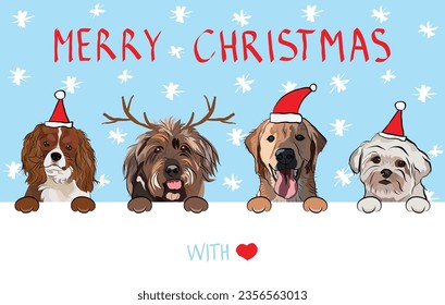 Merry Christmas postcard with dogs peeking out from the wall. Dog head with paws. Creative Happy Dog Christmas Card for puppy lovers. Mixed-Breed dog in Santa hat. Holiday characters, snow background.