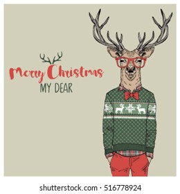  Merry Christmas postcard with dressy deer, seasonal greetings