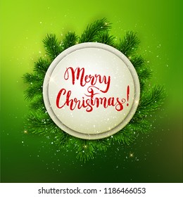 Merry Christmas postcard with fir tree round banner and hand lettering brush pen calligraphy, vector illusration