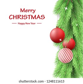 Merry Christmas postcard with fir tree branch and Christmas decorations. Vector illustration on white background