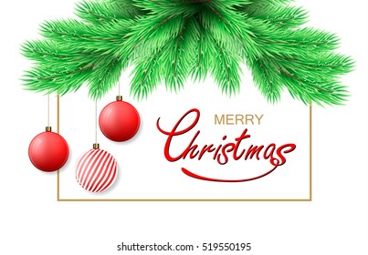 Merry Christmas postcard with fir tree branch and Christmas decorations, white background. Vector illustration.