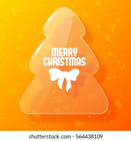 Merry christmas postcard with fir tree in glass style on orange background flat vector illustration