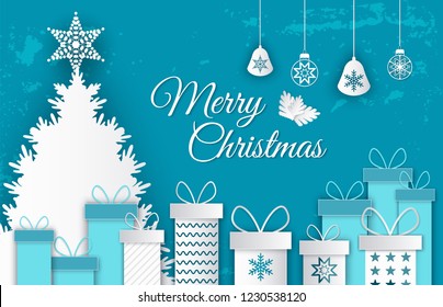 Merry Christmas postcard. Fire-tree with big star on the top and different presents with bows. Four different toys with background ice vector illustration