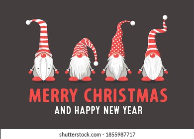 Merry Christmas Postcard. Four Vector Christmas Cute Gnomes with Red Caps in Flat Style on Dark Background. Dwarfs Design Template for Merry Christmas and Happy New Year Card. Cartoon Kids Characters