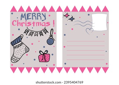 Merry Christmas Postcard. Garland, gift box, ball and stars. Cute multicolored vector illustration: pink, blue and white colors. One from the bright collection for Christmas