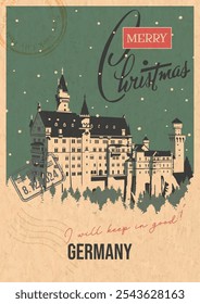 Merry Christmas Postcard, Germany Neuschwanstein Castle Attraction Landmark. Retro Greeting Card Style Illustration. Vintage Colors, Aged Paper Texture