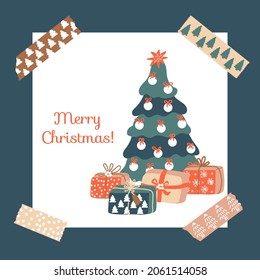 ¡Feliz Navidad! Postal con cajas de regalo, cintas de abeto y washi. Ilustración vectorial. Ideal para el diseño de afiches o volantes para vacaciones de invierno.