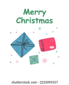 Feliz postal de Navidad. Cajas de regalo. Tema navideño de invierno. Ilustración de la impresión navideña, postales, papel, embalaje