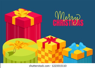 Merry Christmas postcard with gifts packed in decorative boxes, topped by bows. Xmas and New Year presents, winter holidays surprises vector card