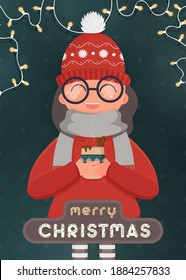 Merry christmas postcard. A girl in red warm clothes holds a cup with a hot drink in her hand. Vector illustration.