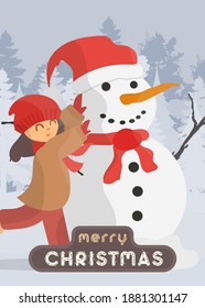 Merry christmas postcard. A girl sculpts a snowman in a snowy forest. Snowman, girl in warm winter clothes. Cartoon, vector 