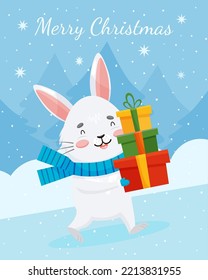Merry christmas postcard with a gray rabbit who carries gifts in winter against the backdrop of snow and fir trees. Сhildren's vector card with happy bunny climb the hill.