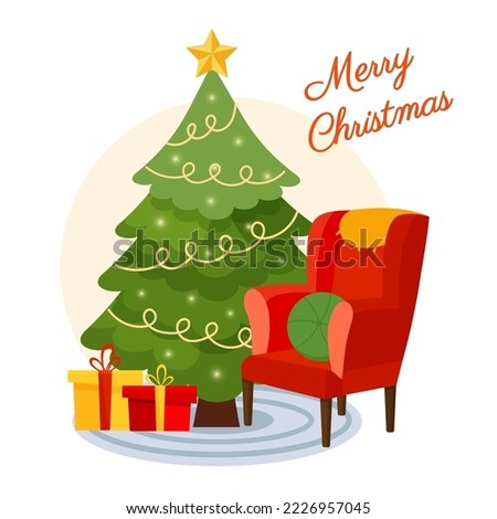 Merry Christmas postcard with Christmas green tree and Red armchair. Holiday card with gifts. Vector greeting illustration in flate style for media social 