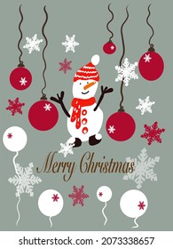 Merry christmas postcard. Greeting card with New Year's toys, snowflakes and a snowman.