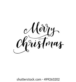 Merry Christmas postcard. Hand drawn holiday background. Ink illustration. Modern brush calligraphy. Isolated on white background. 